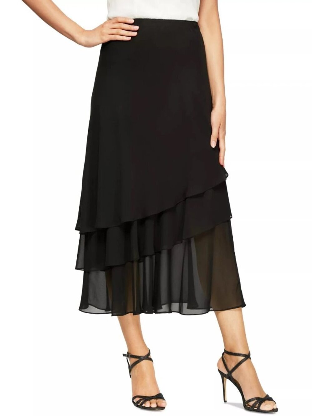 Alex Evenings Chiffon Layered Whimsigoth Witchy Black A-Line Midi Skirt